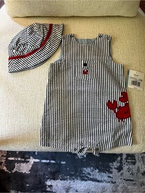 Little Me Navy seersucker Romper and Matching Hat with Red Crab Accent